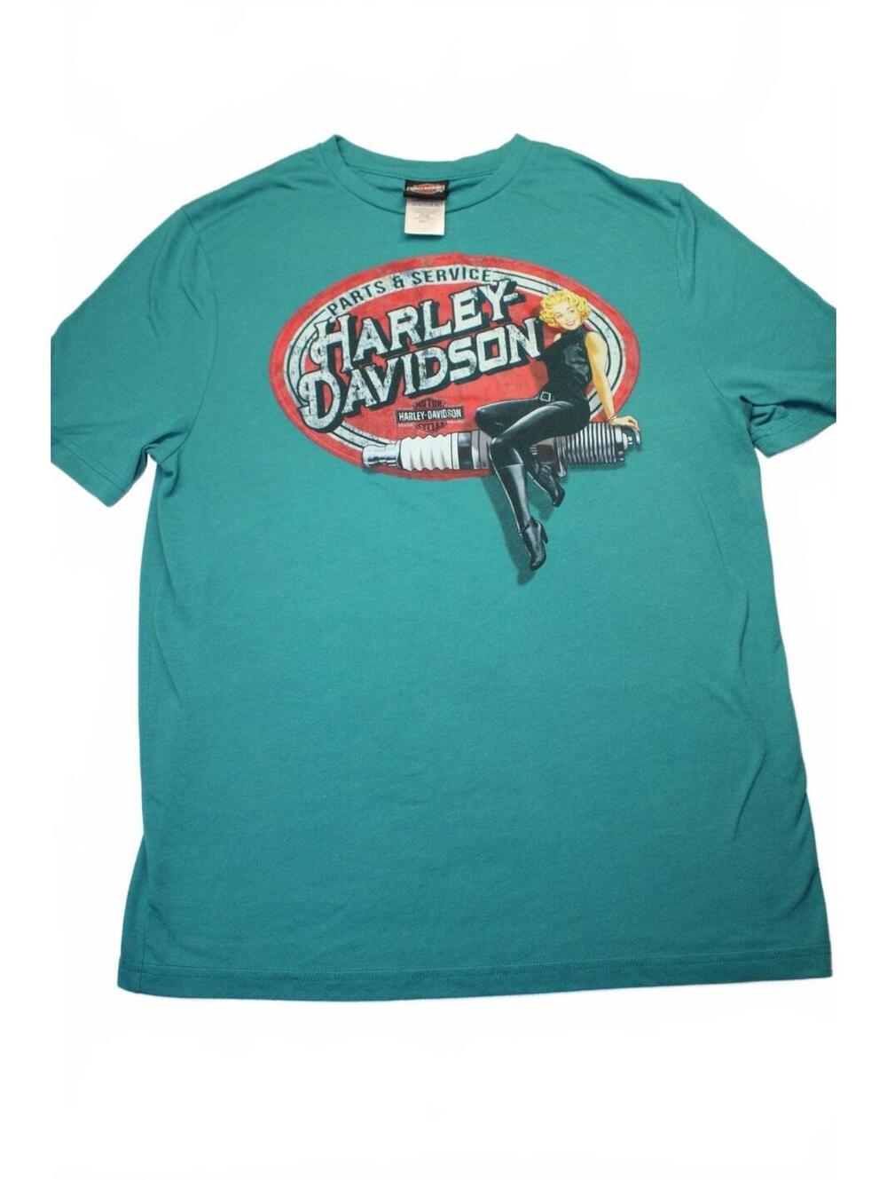 Harley Davidson T-Shirt Parts & Service Spark Plug Pin Up Girl Teal Turquoise